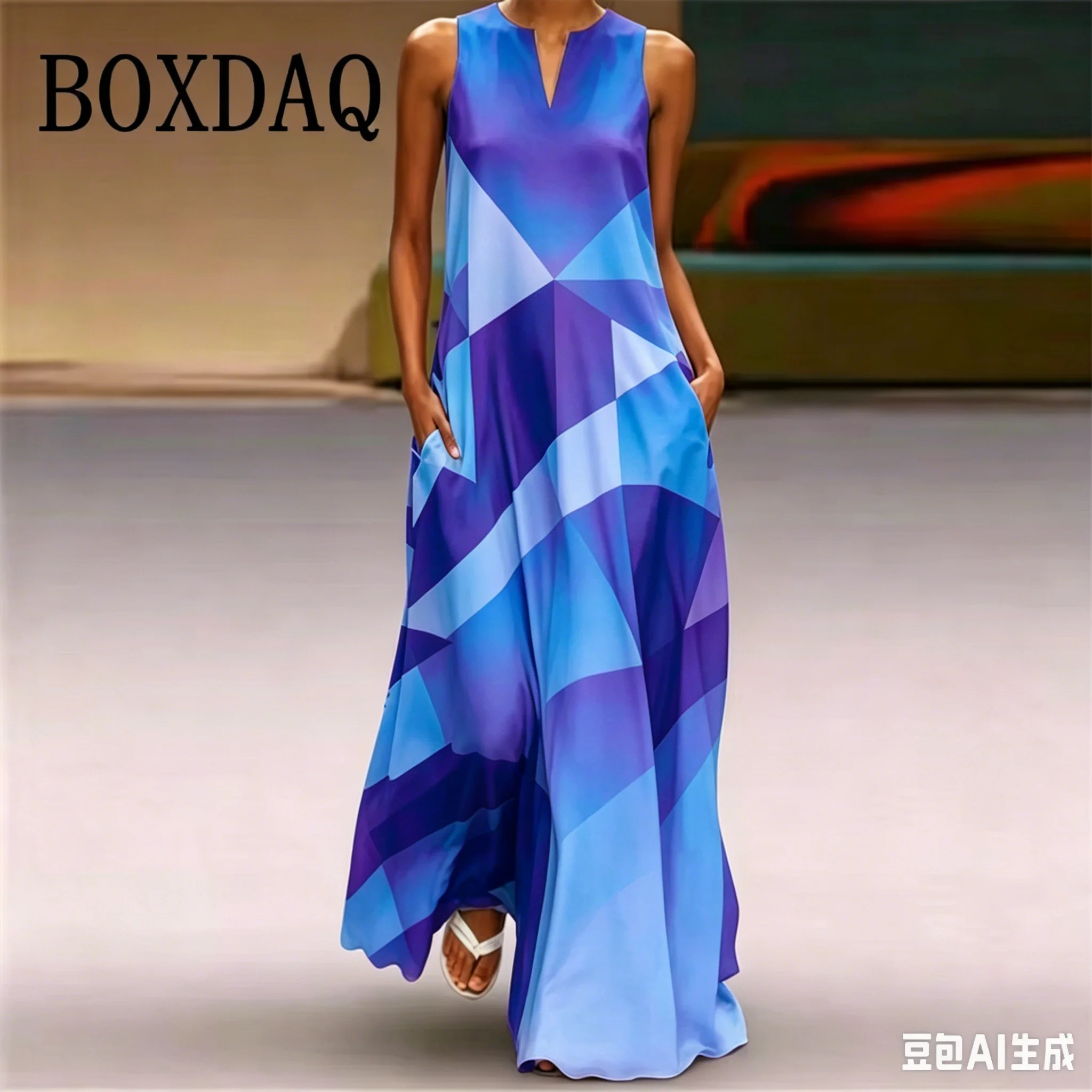2026 Summer Women Long Dress Tie Dye Geometry 3D Print Casual V Neck Sleeveless Maxi Dress Street Fashion Women Party Long Dress