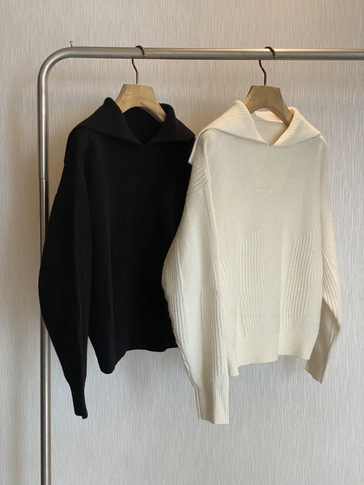 

Autumn and winter women's casual solid color British navy neck loose wool pullover sweater