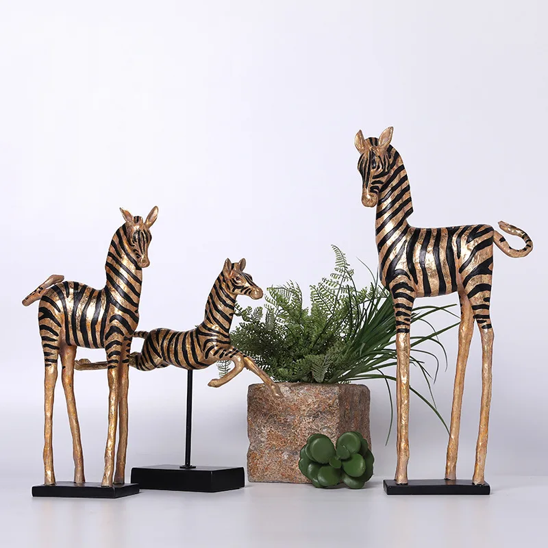 Resin Crafts Simulation Animal Sculpture Golden Zebra Horse Decorative Figurines Home Decoration Accessories Figurine