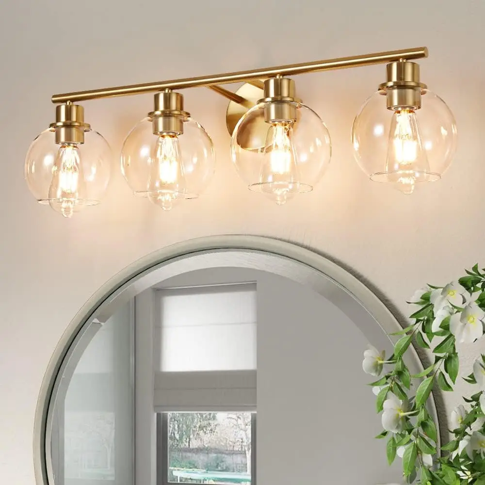 

4Light Gold Light Industrial Wall Sconce Over Mirror Bathroom Vanity Light with Glass Shades 29.5 inch Vanity Lights