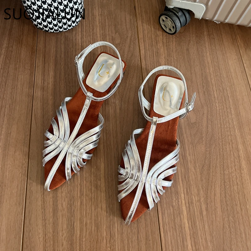 SUOJIALUN 2024 Summer New Brand Women Sandal Fashion Narrow Band Ladies Elegant Slingback Sandals Flat Heel Dress Mules