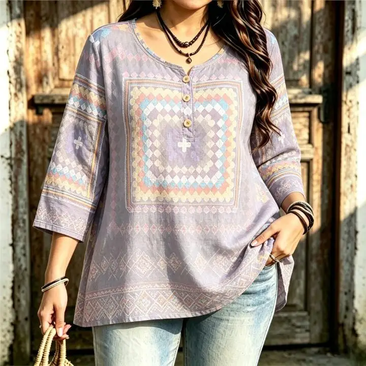 Women Ethnic Geometric Square Print Blouse Notched Neck 3/4 Sleeve Loose Curvy Fit Tops Boho Retro Pattern Shirts