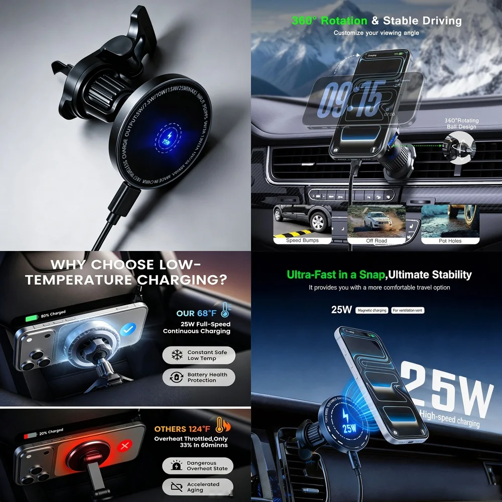 Fast Wireless Car Charger 25W Magnetic Air Vent Stand 360 Rotation Stable Holder for iPhone 17 Samsung Galaxy S26 Ultra Android