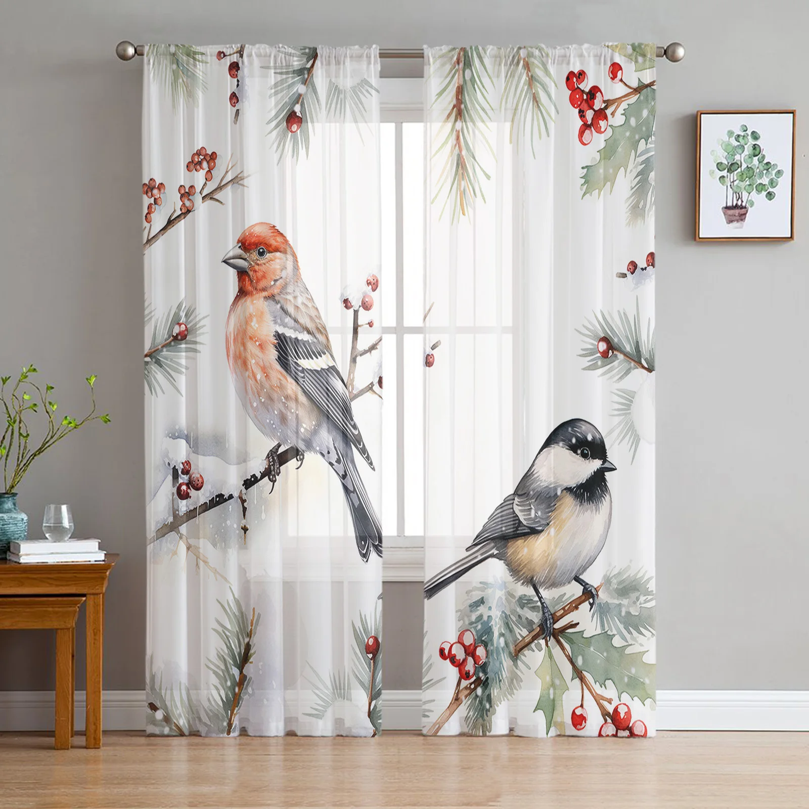 Christmas Winter Mockingbird Berry Pine Leaf Sheer Curtains Living Room Bedroom Tulle Curtain Kitchen Home Decor Window Drapes