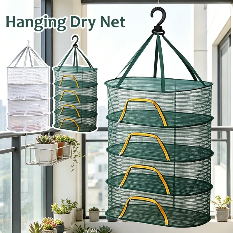 4-Layer Foldable Hanging Dry Net Anti-Insect Food Drying Cage Breathable Mesh Hanging Dryer for Fish Fruit Herb Vegetable Home
