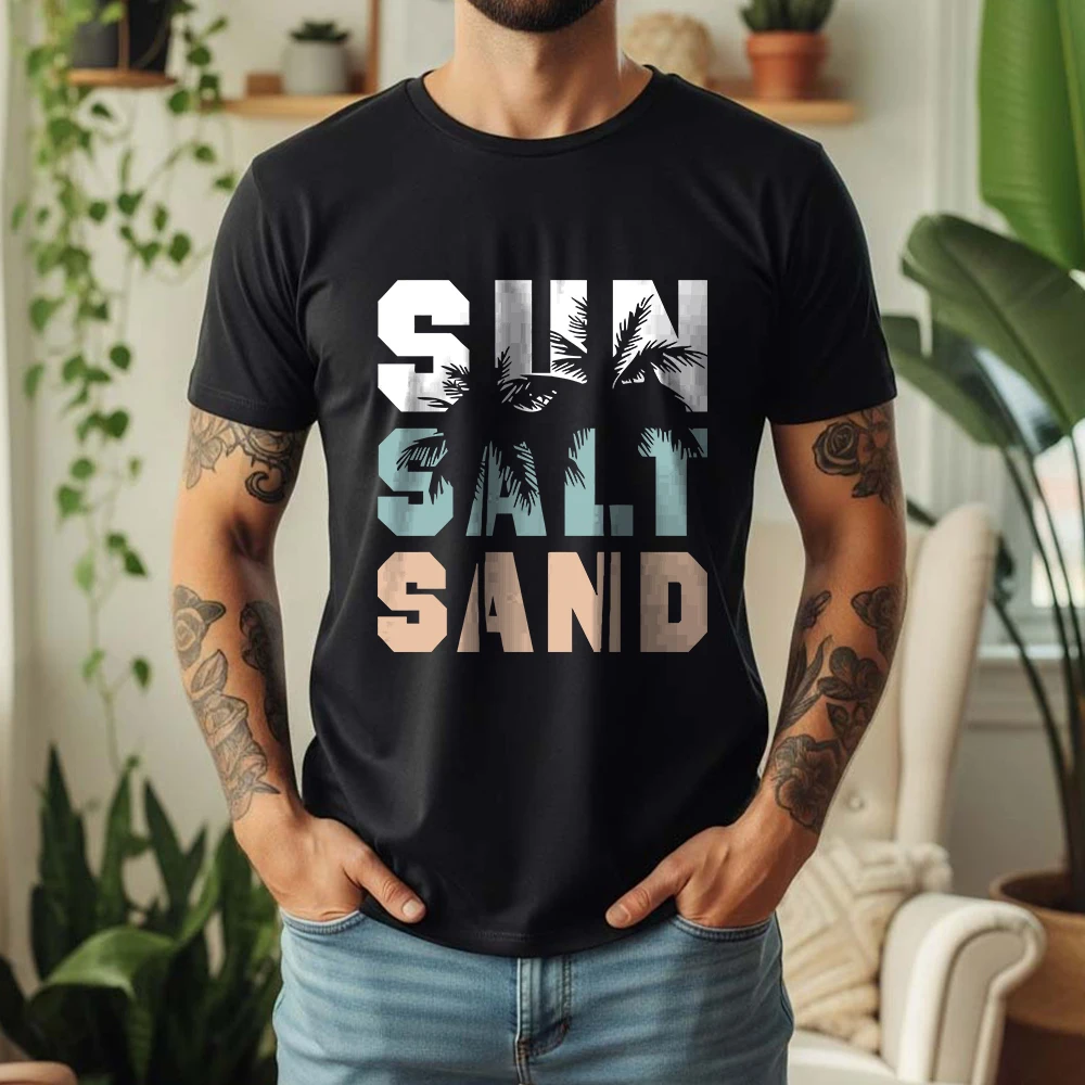 New Summer Men's 100% Pure Cotton T-Shirt Salt Sand Beach Tropical Retro Style Casual Tee Breathable Short Sleeve