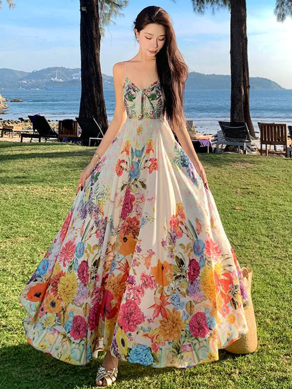 

Colorful Floral Printed Long Maxi Dress For Women V-neck Sleeveless Camisole Seaside Vacation Dress Summer A-Line Bohemian Dress