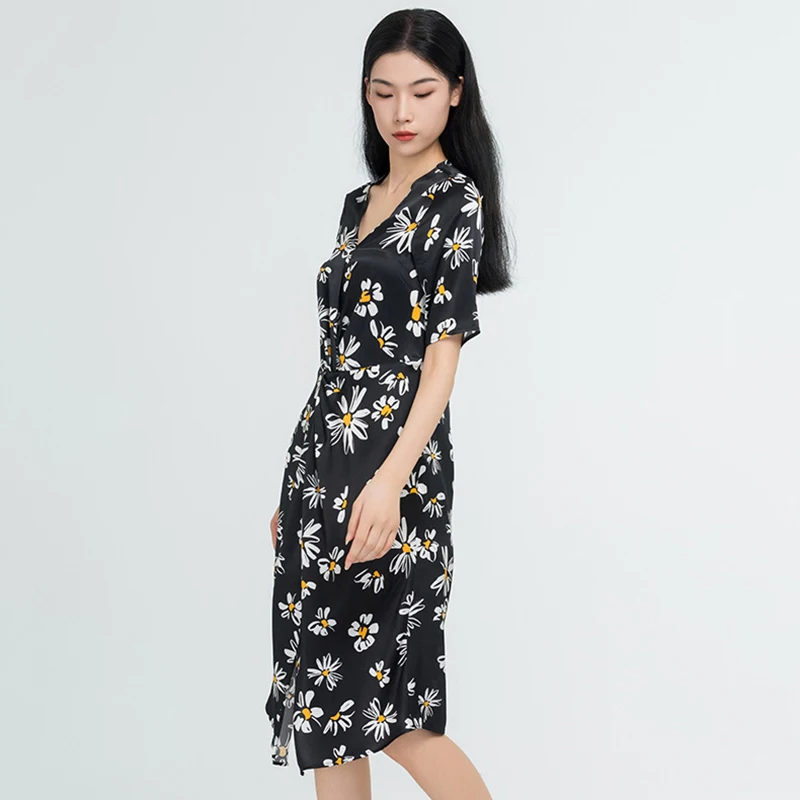 19 Momme Long Silk Dress With Daisy Printing