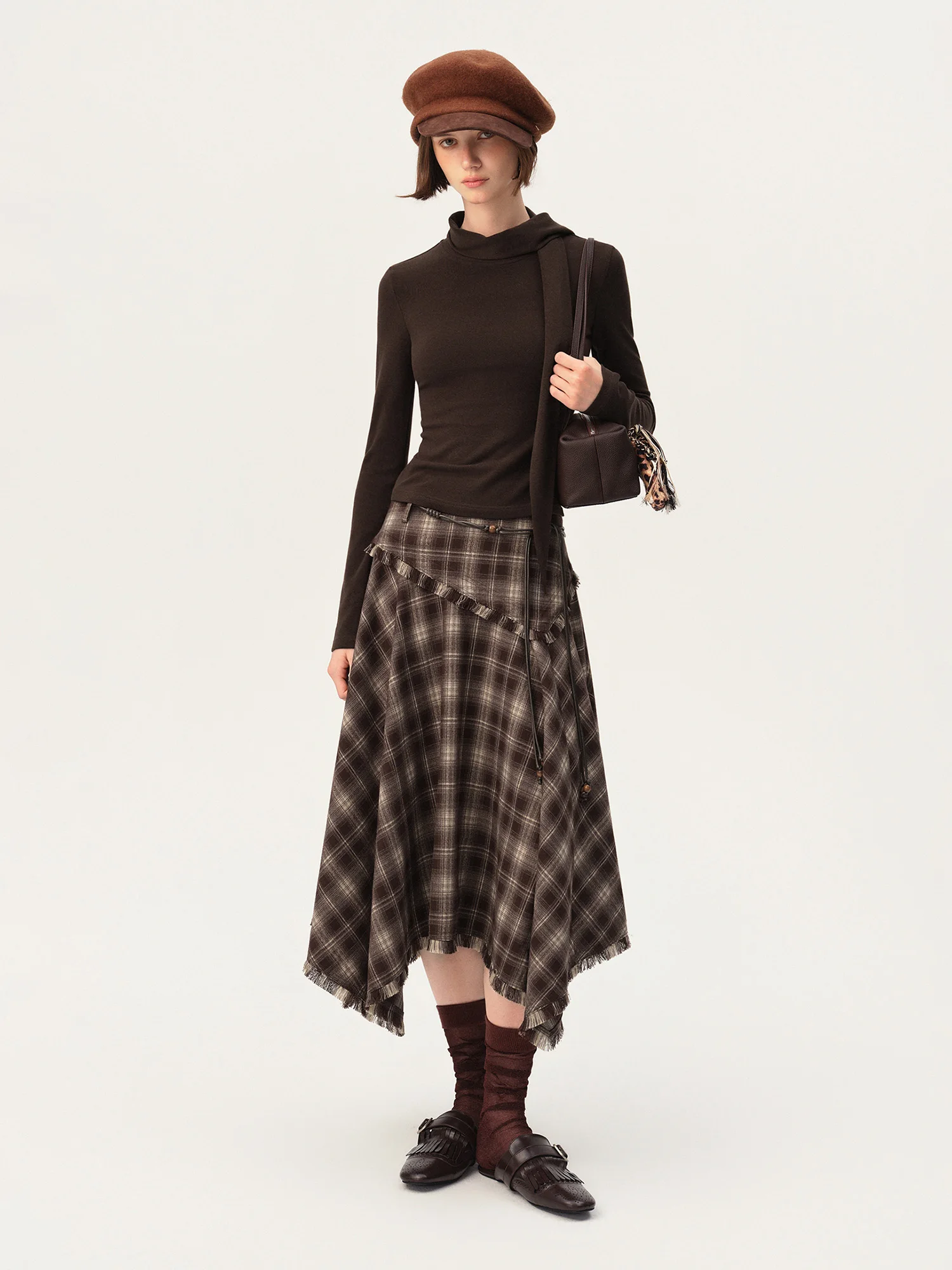 ZIQIAO Women Merino Wool Blend Cropped Knit Sweater Regular Shoulder Flowing Tie Drape Collar Long Sleeve Warm Pullover Elegant