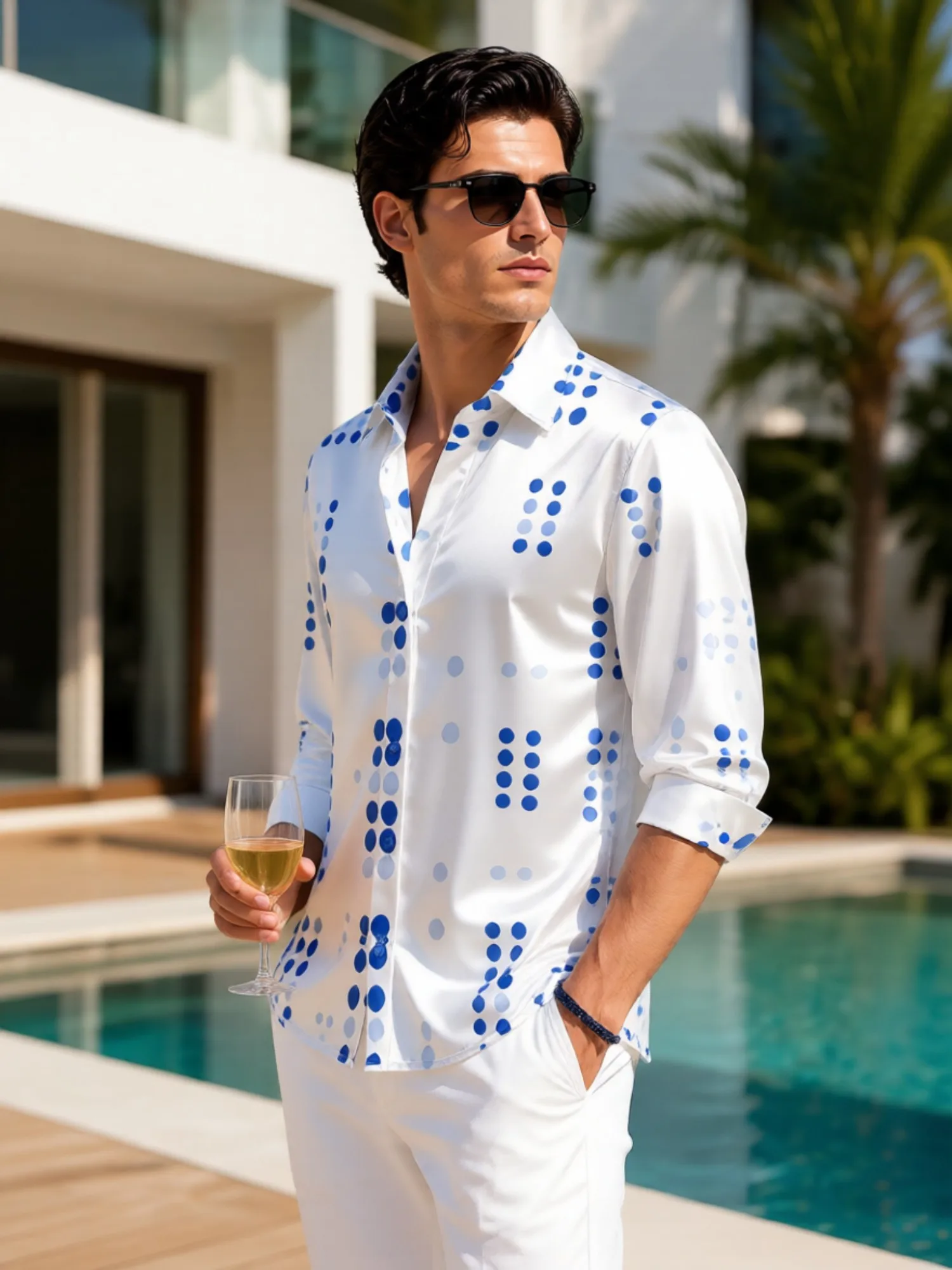 Mens Satin Long Sleeve Button Down Printed Dress Shirt Polished Glossy Fabric Daily For Business Commute Office Work Everyday We