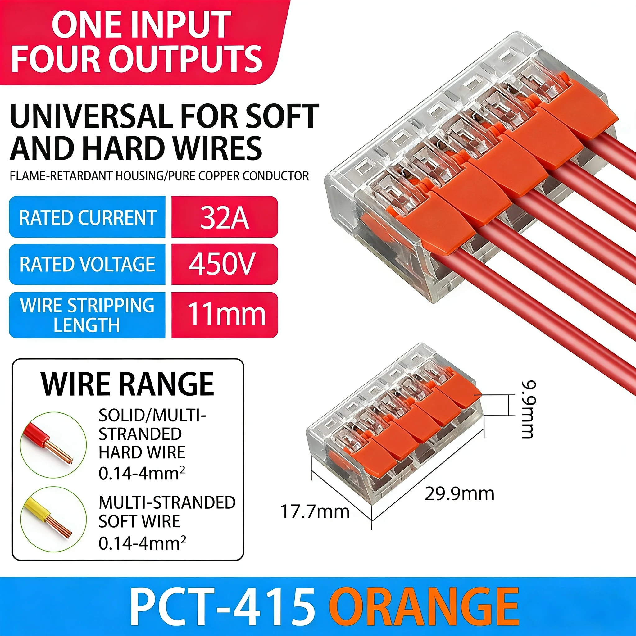 2/3/4/5-Port Orange Universal Quick Plug-in Terminals 250V/32A Electrical Wire Connectors for Home Industrial Electrical Equipme