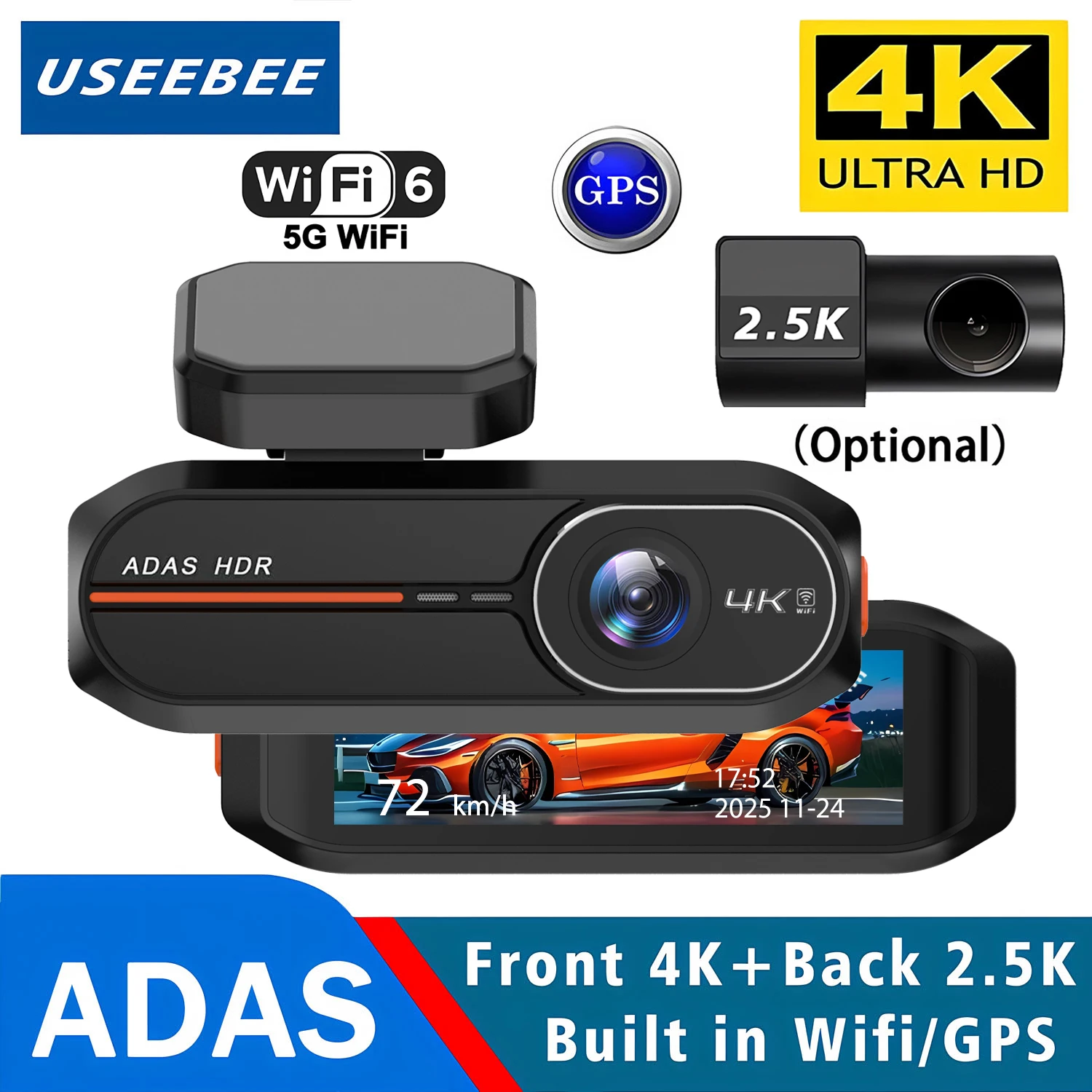 

Видеорегистратор UHD 4K 2160P+2.5K с двумя камерами, ADAS, Wi-Fi, GPS, миниатюрный автомобильный видеорегистратор, задняя камера 2.5K, видеорегистратор-черный ящик