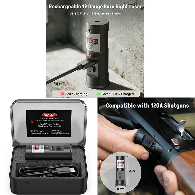 MidTen Rechargeable Bore Sight Laser 12 Gauge Red/Green Laser Boresighter with Push On/Off Switch for Precision Zeroing