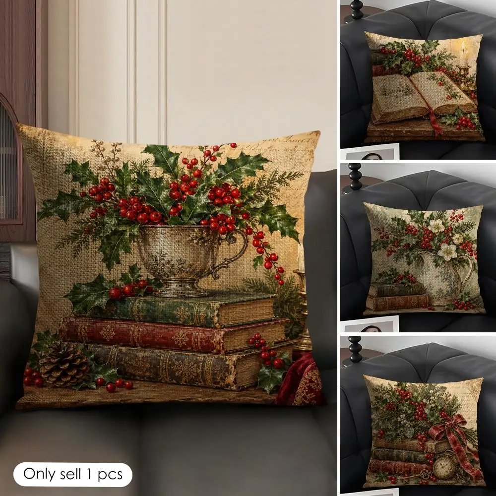 Retro Book And Flowers Cushion Cover Skin-Friendly Organic Linen Pillow Cover Durable Hypoallergenic Washable Soft