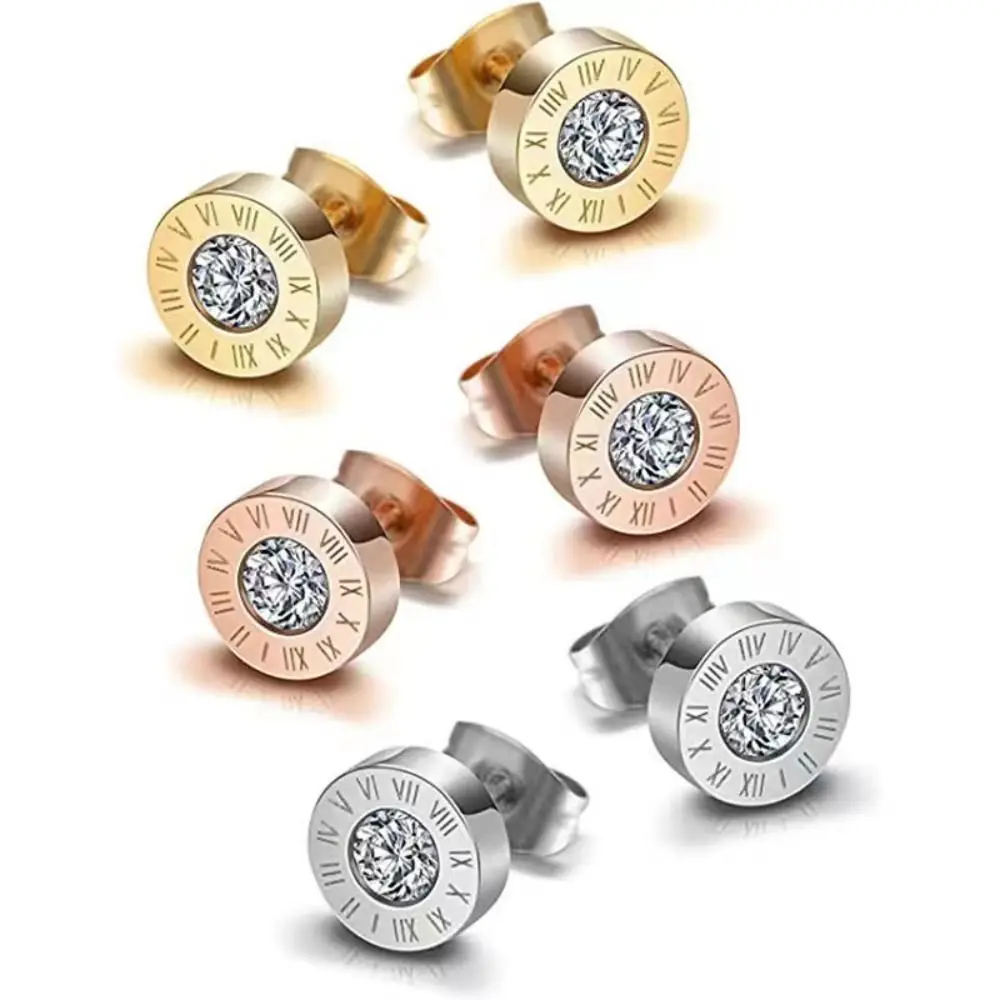 Micro Inlay Rhinestone Roman Numerals Stud Earring Earrings Korean Style Men Zircon Earrings Stainless Steel Hip Hop