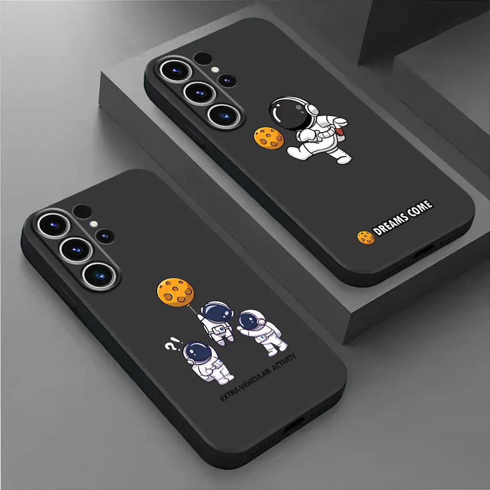 Cover Case for Samsung Galaxy S24 Ultra S21 5G S21 FE S22 Plus S23 Ultra S20 Shell Matte Cartoon Space Astronaut Black Soft
