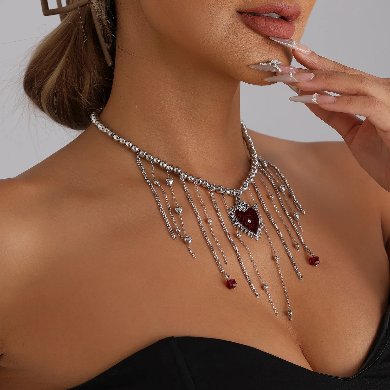 Dark Academia Necklace Thorn Heart Pendant Fringe Chain Gothic Y2K Punk Jewelry Adjustable Gift for Women