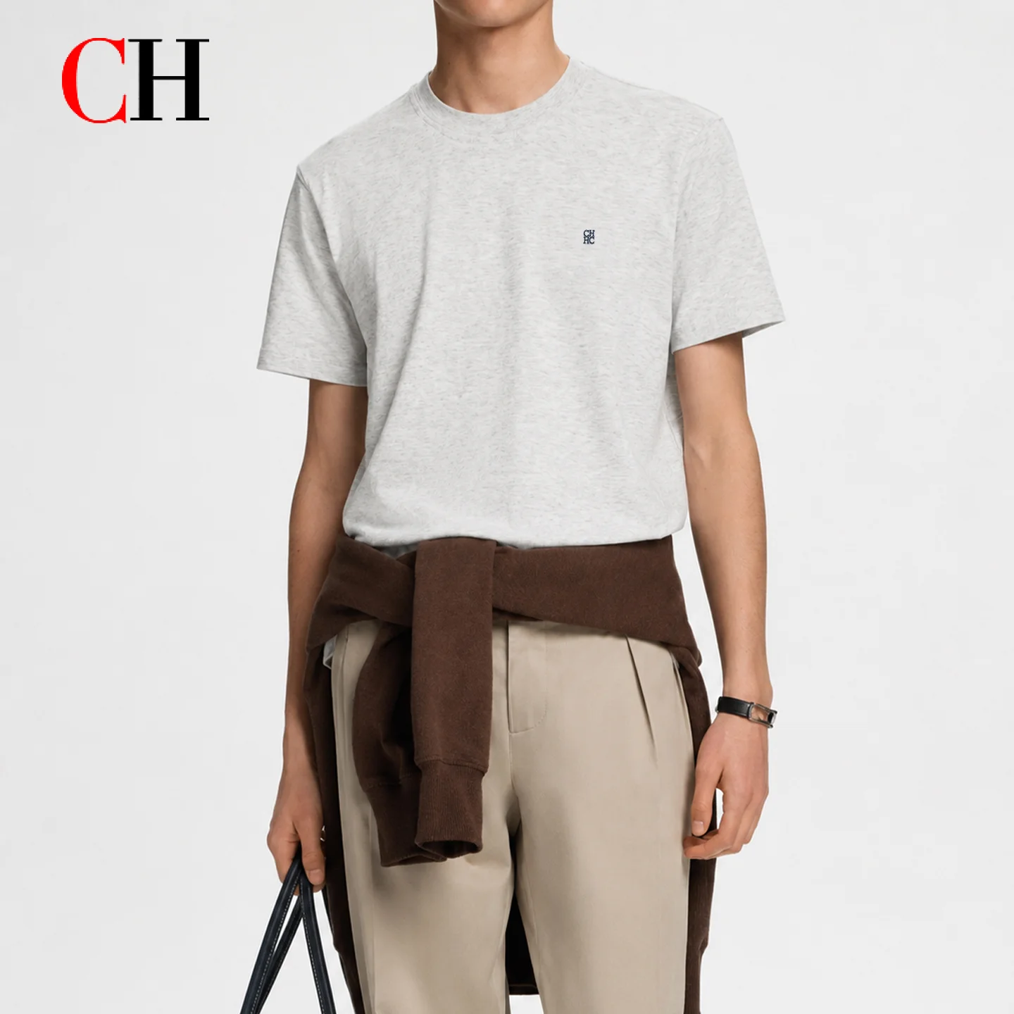 CH Mens Essential Crew Neck Subtle Logo Embroidery Plain Short Sleeve Tee Office Casual Dual Use Top