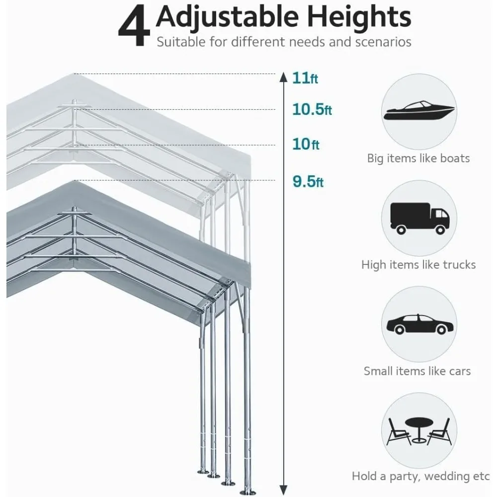 CanAmendments Garage RapDuty Carport, Car, Boat Shelter, Party Tent, Réglable, Patricia recommande de 9,5 pi à 11 pi, Gris, 12x20 pi