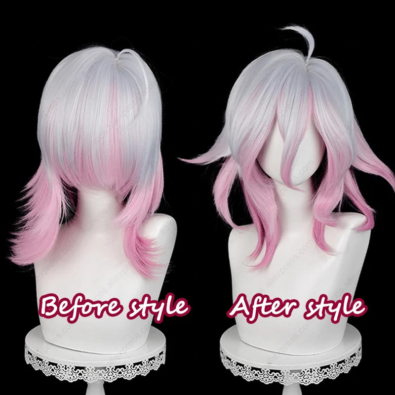 LOL Briar Wig Cosplay 42cm, rambut palsu gradien tahan panas merah muda gelap perak panjang putih