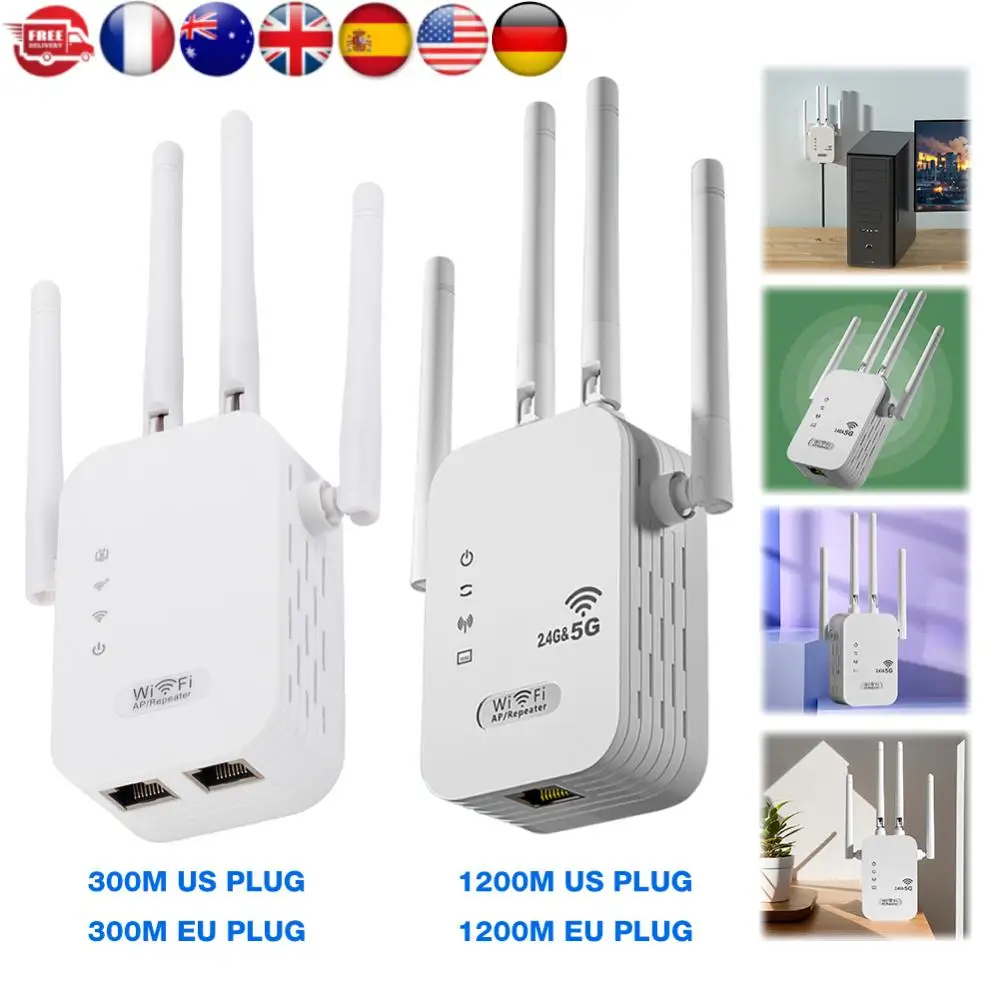 1200Mbps Wireless WiFi Repeater with WAN/LAN Port Dual-Band 2.4GHz/5GHz WiFi Extender 4 Antennas Wi-Fi Signal Booster for Home