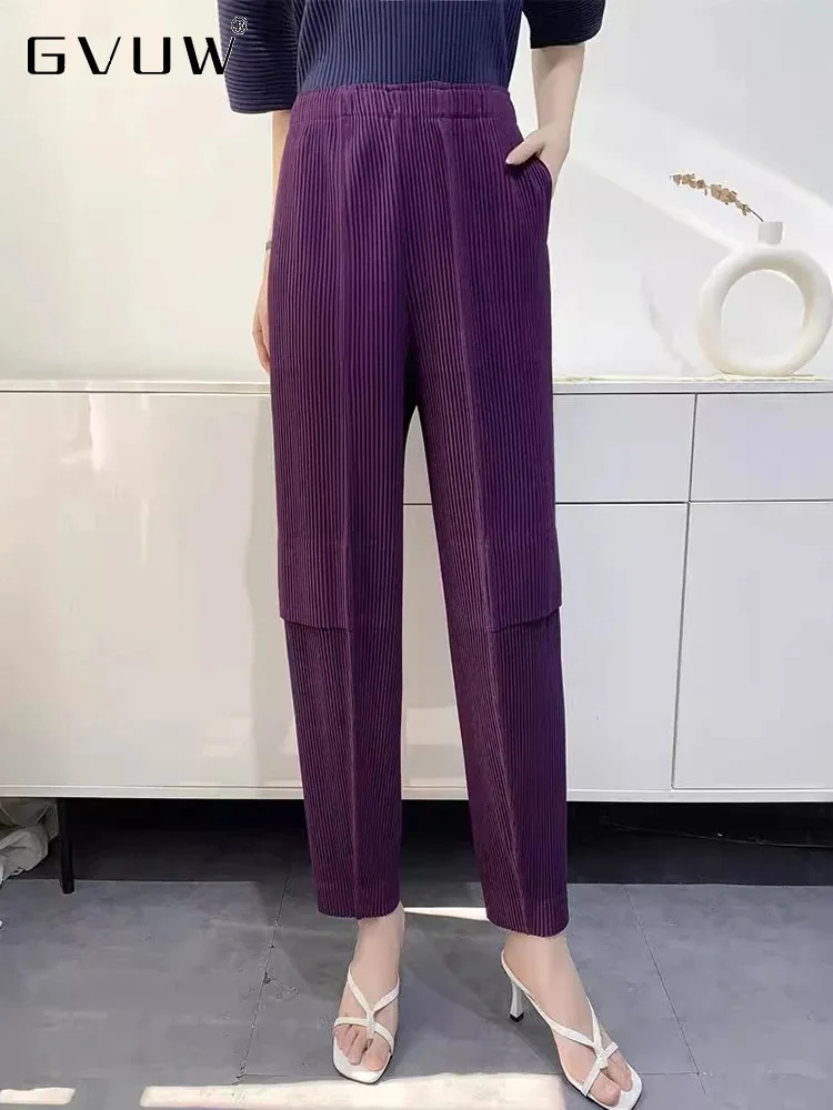 GVUW Pleated Pencil Pants Women Elastic Waist Pockets Solid Color New 2024 Niche Design Autumn Female Casual Trousers 17G7910