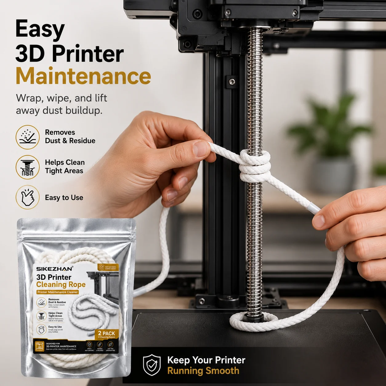 3D Printer Guide Rail Cleaning Rope, Lint-Free Cotton Thread Cord for Lead Screws Smooth Rods Axis Maintenance Care Tool Kits