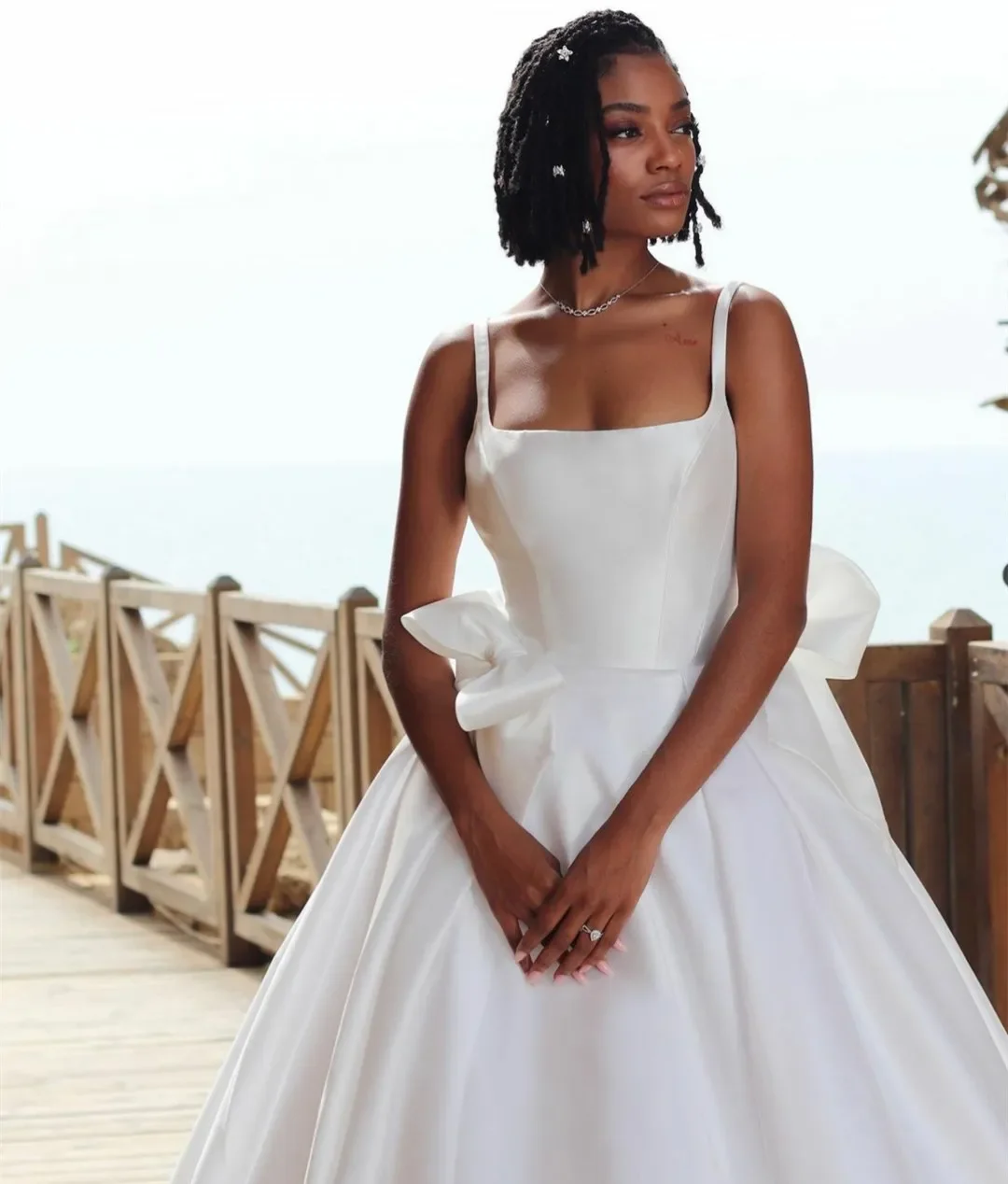 Vestido de novia largo con cuello cuadrado, traje de novia con tirantes finos y pliegues, con lazo, novedad de 2024