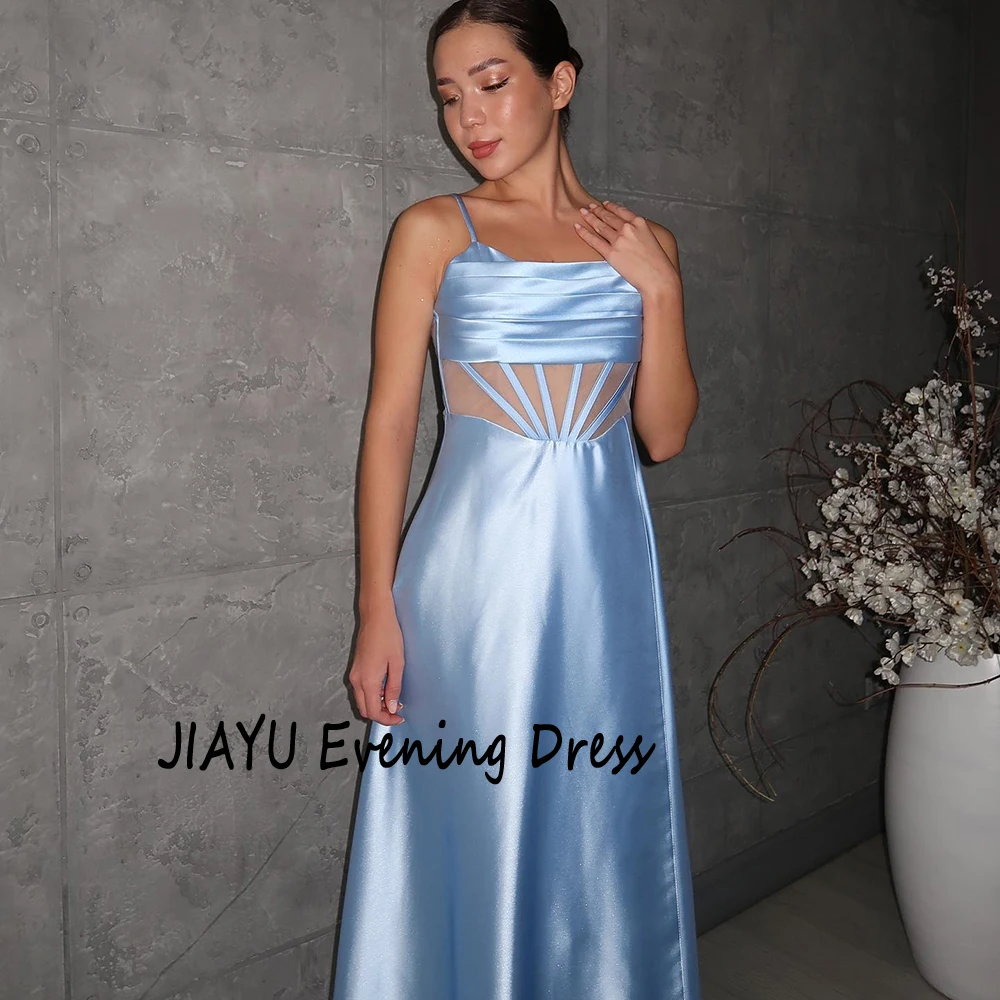 Customized Blue A-line Spaghetti Satin Evening Dress Sleeveless Pure Color Simple Party Dress Backless Floor Length Prom Gown