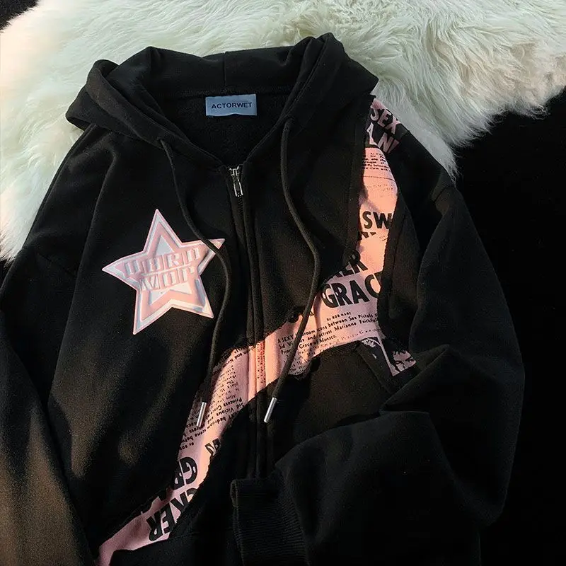 2023 Y2K Women Men Hoodies Vintage Korean Streetwear Star Harajuku Zipper Jacket Kpop Hip Hop Sweatshirt Top Coat TShirt Clothes