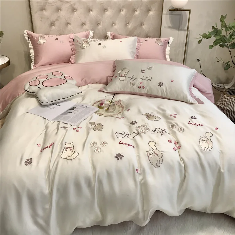 Spring and summer 80 embroidered Lenzing Tencel four-piece set simple princess style naked sleeping sheets quilt cover bed