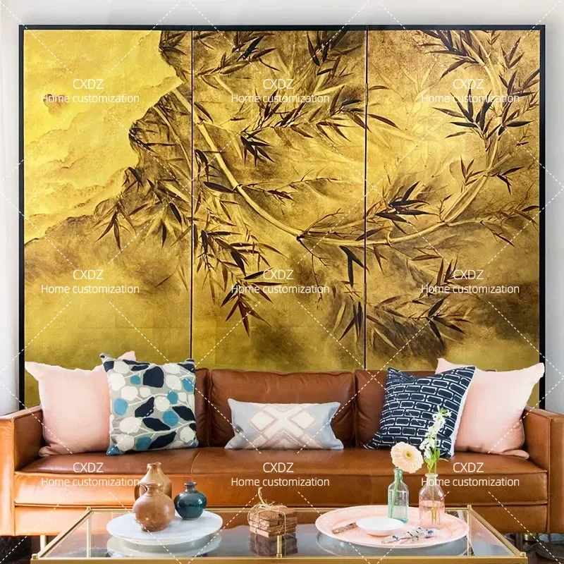 Modern Simple Chinese Retro Screen Gold Foil Painting Bamboo Folding Mobile Living Room Partition Customization