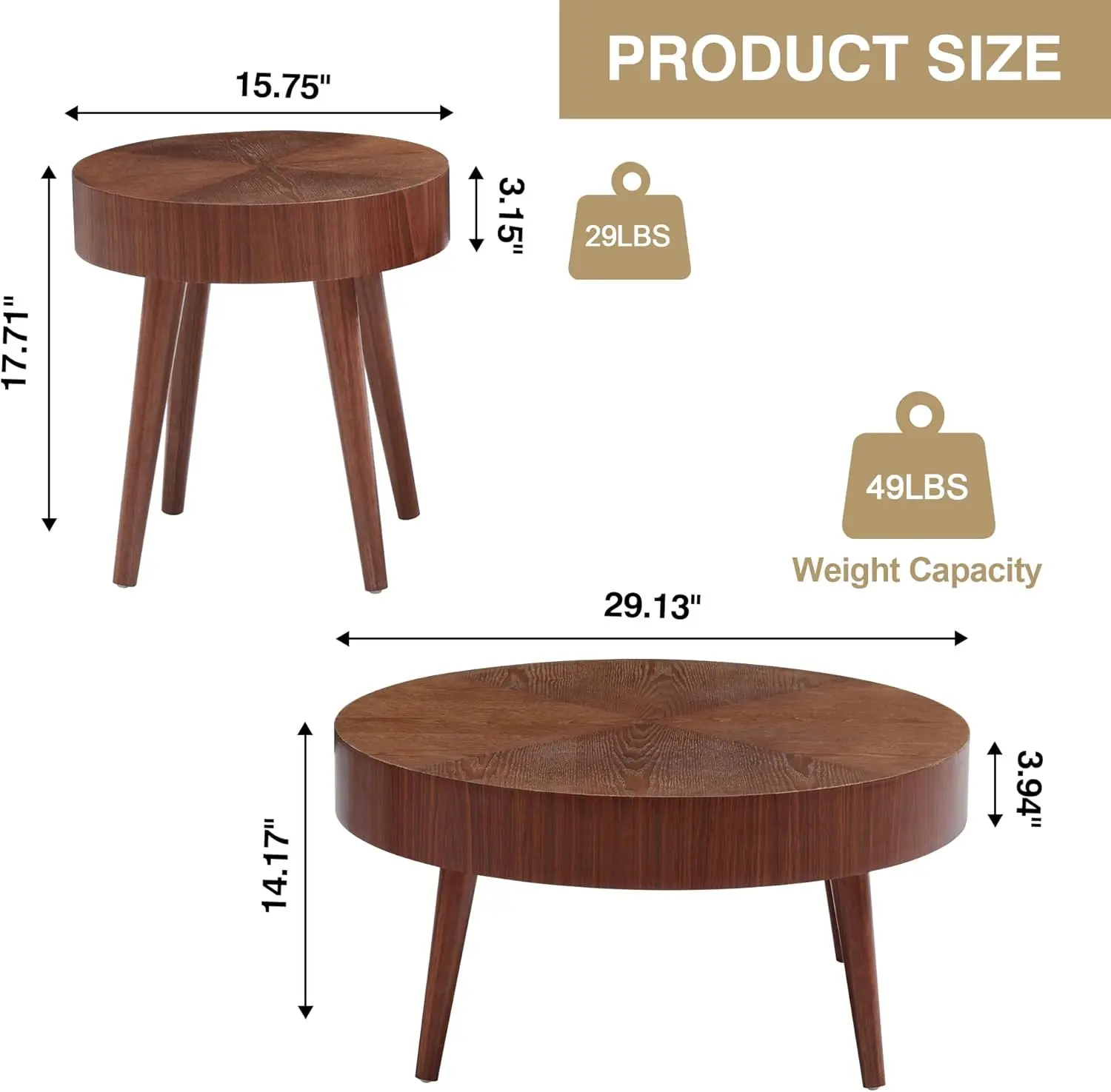 2 Pieces Round Wood Coffee Table Set, Modern Sofa Edge Nested Table, Suit for Farmhouse, Bedroom and Living Room (Walnut)