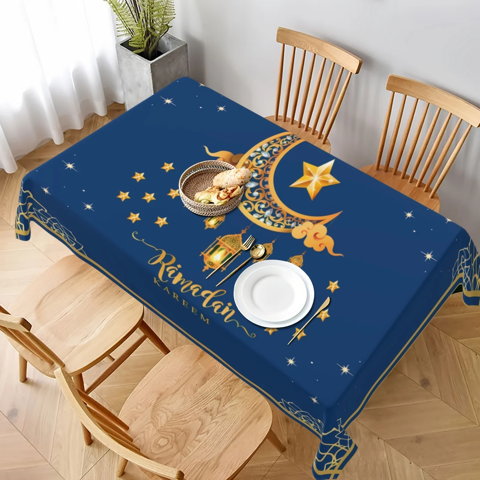 Ramadan Party Tablecloth Ramadan Eid Pattern Washable Polyester Table Cover Home Holiday Party Kitchen Dining Table Decor Gift