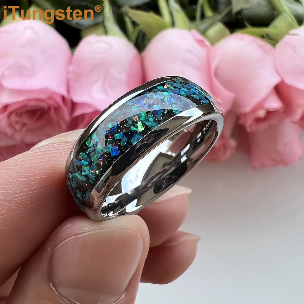 Anillo de ópalo de galaxia brillante iTungsten de 8mm para hombres y mujeres, banda de compromiso de tungsteno para boda, ajuste cómodo pulido con cúpula