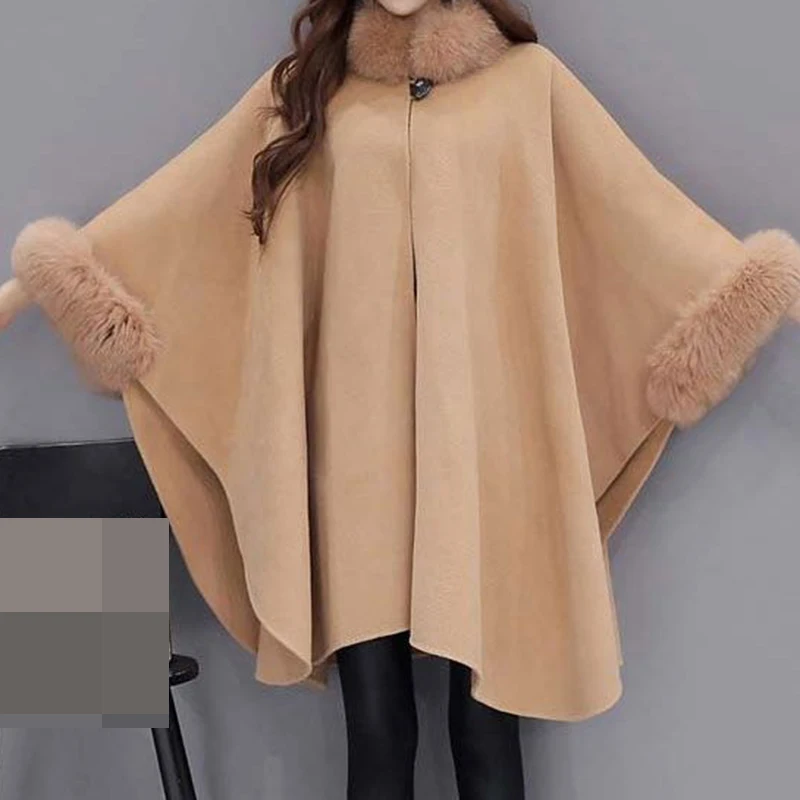 

2023 Winter Wear New Korean Version Fox Fur Collar Mid length Woolen Coat Cloak Shawl Coat for Women