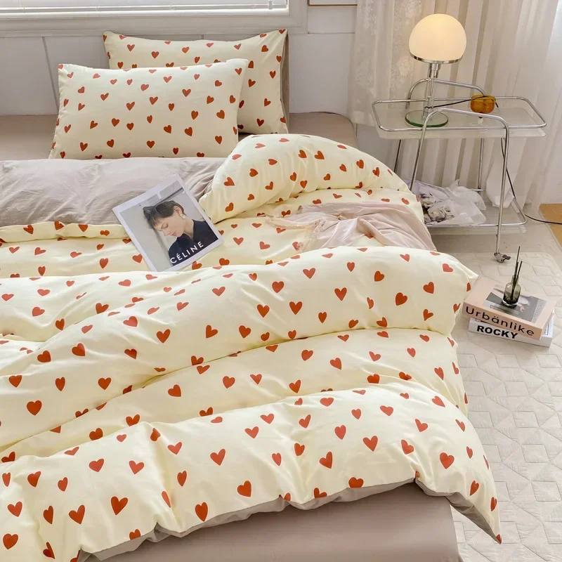 Korean Style Bedding Set Red Heart Twin Queen Size Duvet Cover Flat Sheet Pillowcase Bed Linen Kids Adult Fashion Home Textile