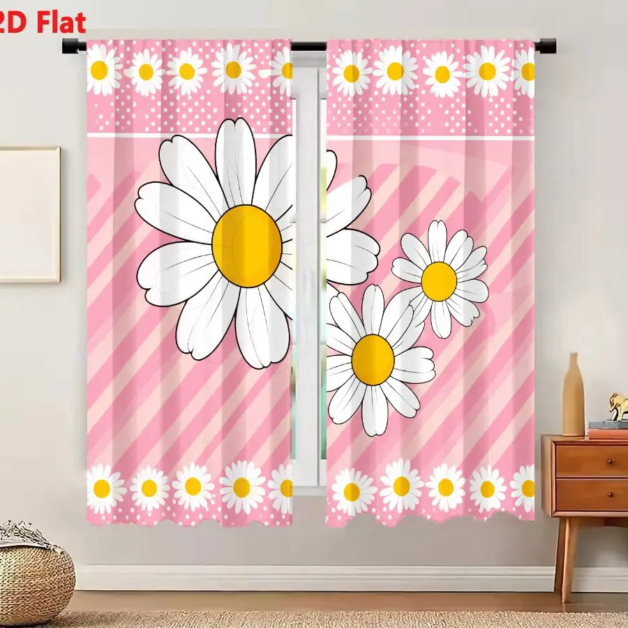 2Pcs Curtains 2D Flat Pink Background With Diagonal White Stripes And White Daisies With Yellow Centers Decorative Design Window
