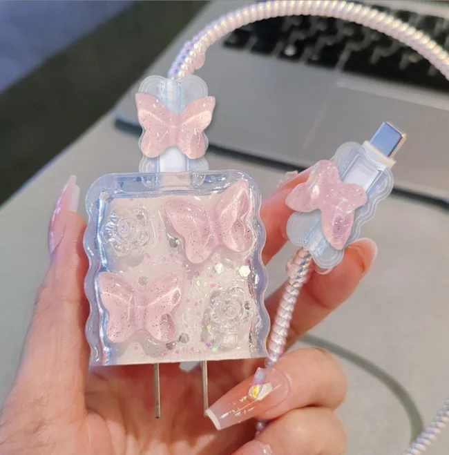 Pink Crystal Butterfly Charging Data Cable Protector iPhone 18/20W Cartoon Charging Protective Case Accessories