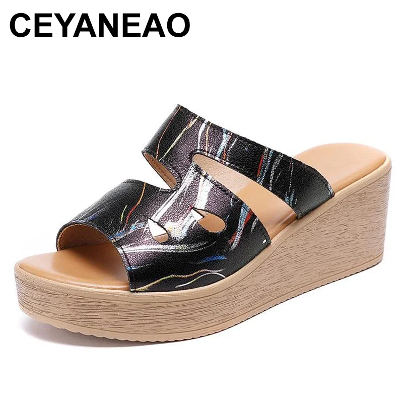 

CEYANEAO women slippers real leather shoes slide on the outside slides ladies fashion wedge summer thick beach rocker sole