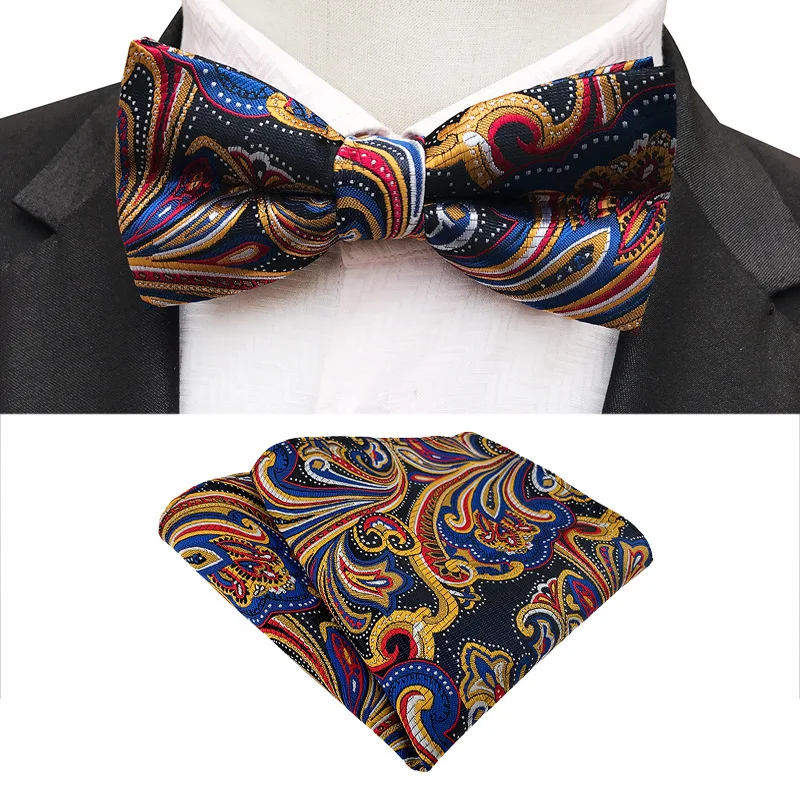 Novelty 2pcs Man's Paisley Polyester 12*6CM Bowtie 25*25CM Pocket Square Necktie Handkerchief Set Business Suit Accessory Gift