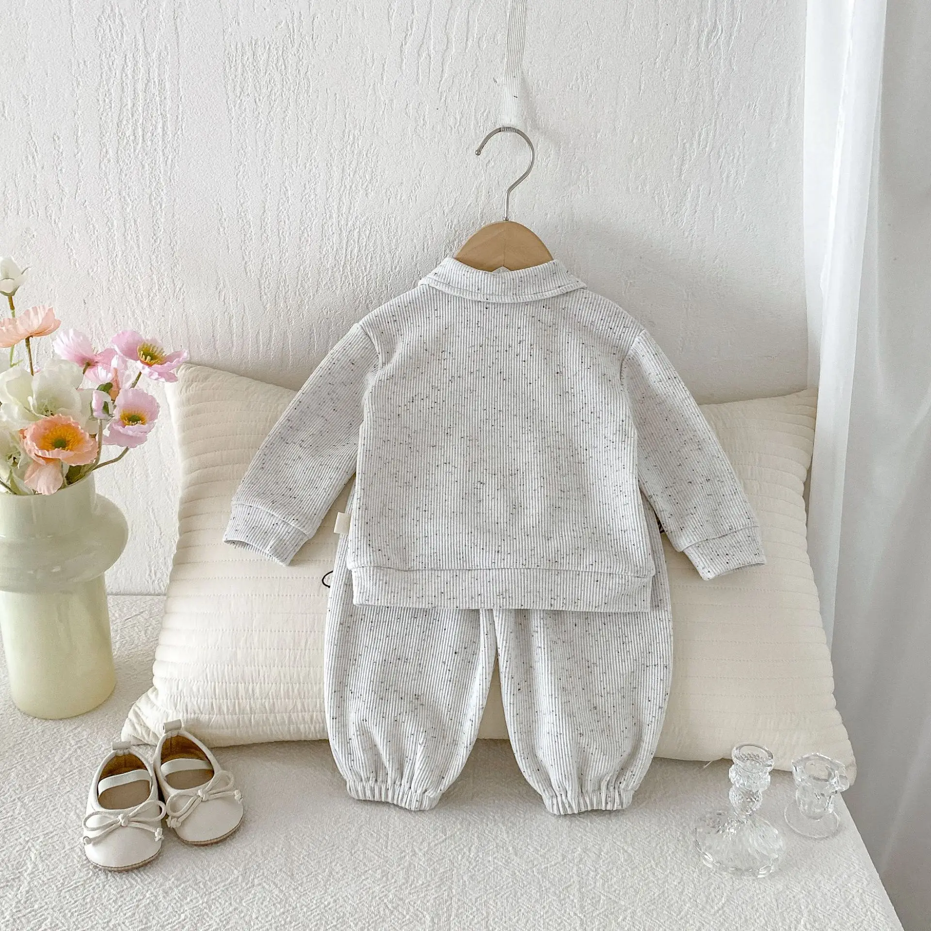 6M-4Y Autumn Kids Outfit Set Solid Color Turn Down Collar Long Sleeve Top+Pants 2 Pcs Clothes for Boys Girls Children Soft Suit