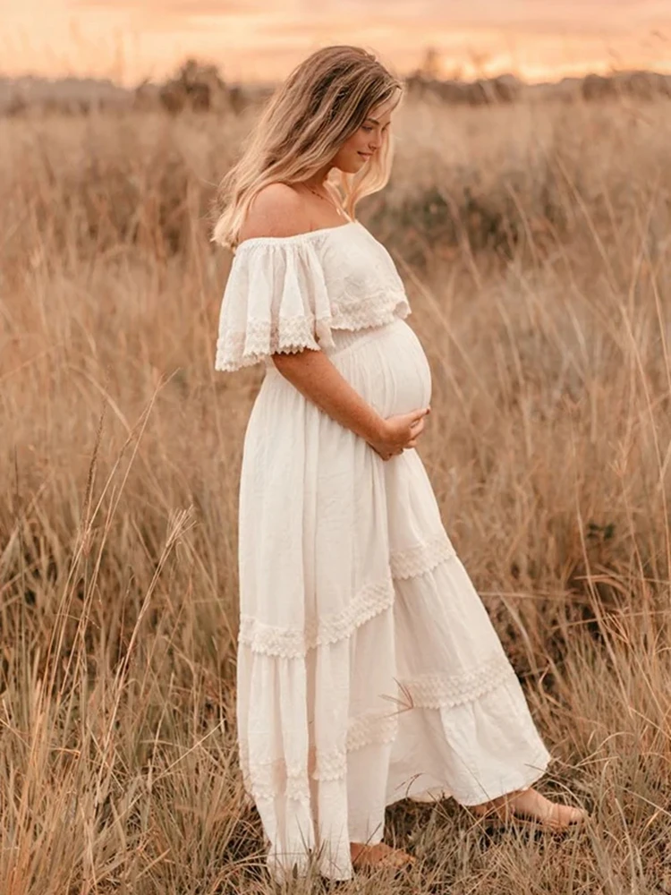Boho Maternity Off Shoulder Lace Tiered Maxi Dress Forest Style Pregnancy Photo Shoot Gown Baby Shower Maternity Photography
