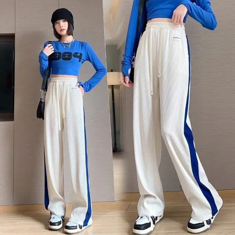 Klein Blue Ice Silk Wide Leg Pants Women 2024 Summer Thin Casual Drawstring Straight Trousers Color Block Floor Length Pants