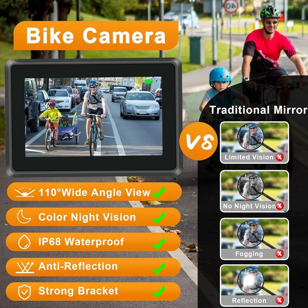 كاميرا الرؤية الخلفية للدراجة ONGE 1080P مع شاشة 4.3 بوصة، مرآة دراجة للرؤية الليلية للدراجة الإلكترونية ودراجات الجبلية والطرق
