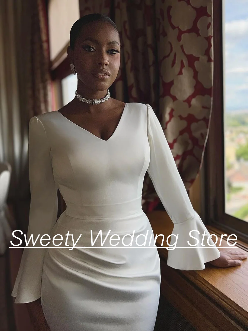 Africa Wedding Dress Mermaid Flare Sleeves V Neck Simple Satin Bridal Gown Sweep Train Modern Bride Dresses Woman Robe Mariee
