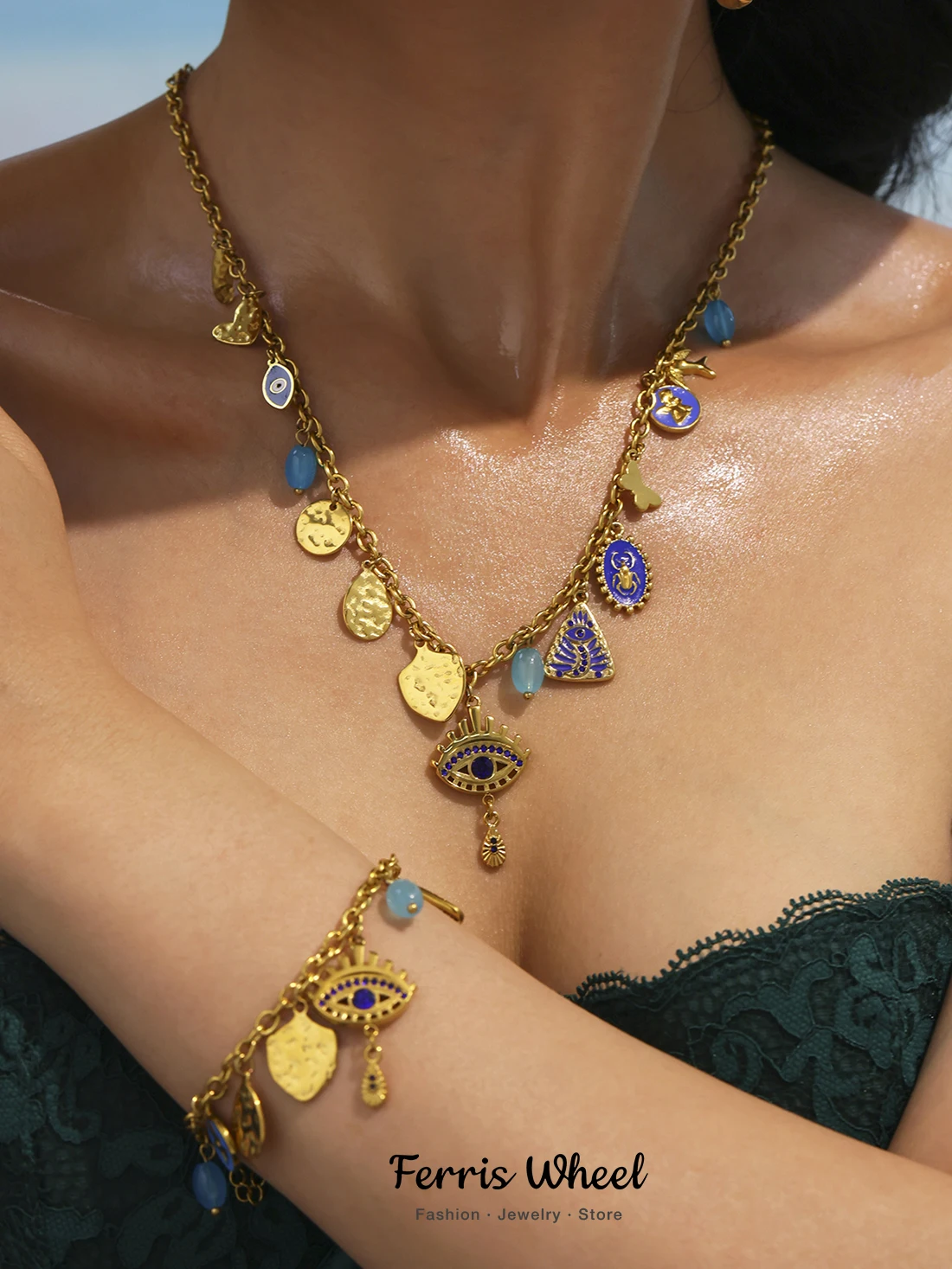 

Ferris Wheel eye of evil Ethnic Necklace Bracelet For Women Female Bangles Gold Plated Stainless Steel Bohemia Luxury Jewelry