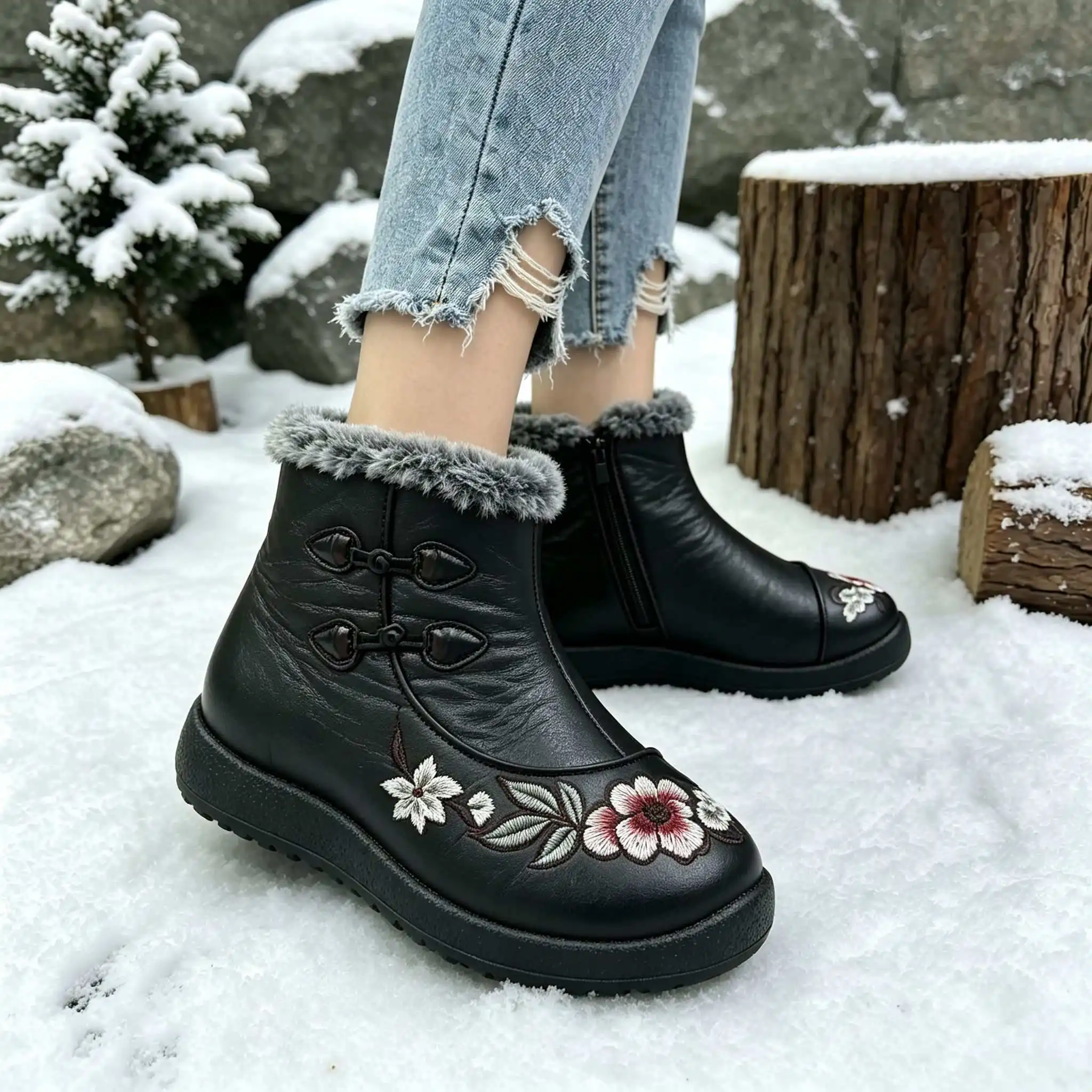 Winterstiefel für Damen mit ethnischer Blumenstickerei, Kunstleder mit gepolstertem Futter, warm und bequem, lässiger Stil, Schneestiefel. – Detail 10