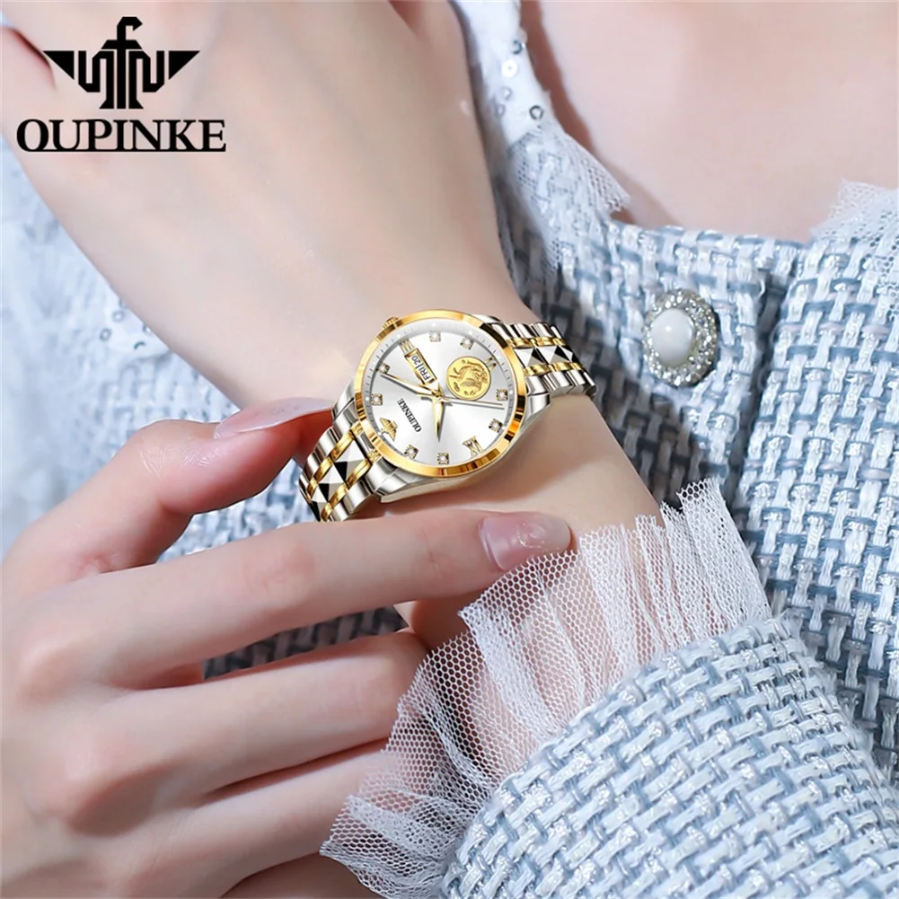 OUPINKE Original Real Gold Real Diamond Automatic Mechanical Watch for Women Sapphire Crystal Waterproof Luxury Wrist Watch Set