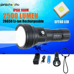 Alumínio Scuba Diving Torch Lamp, Luz subaquática da tocha, IP68 impermeável, 2500 Lumen, SST40, 100m